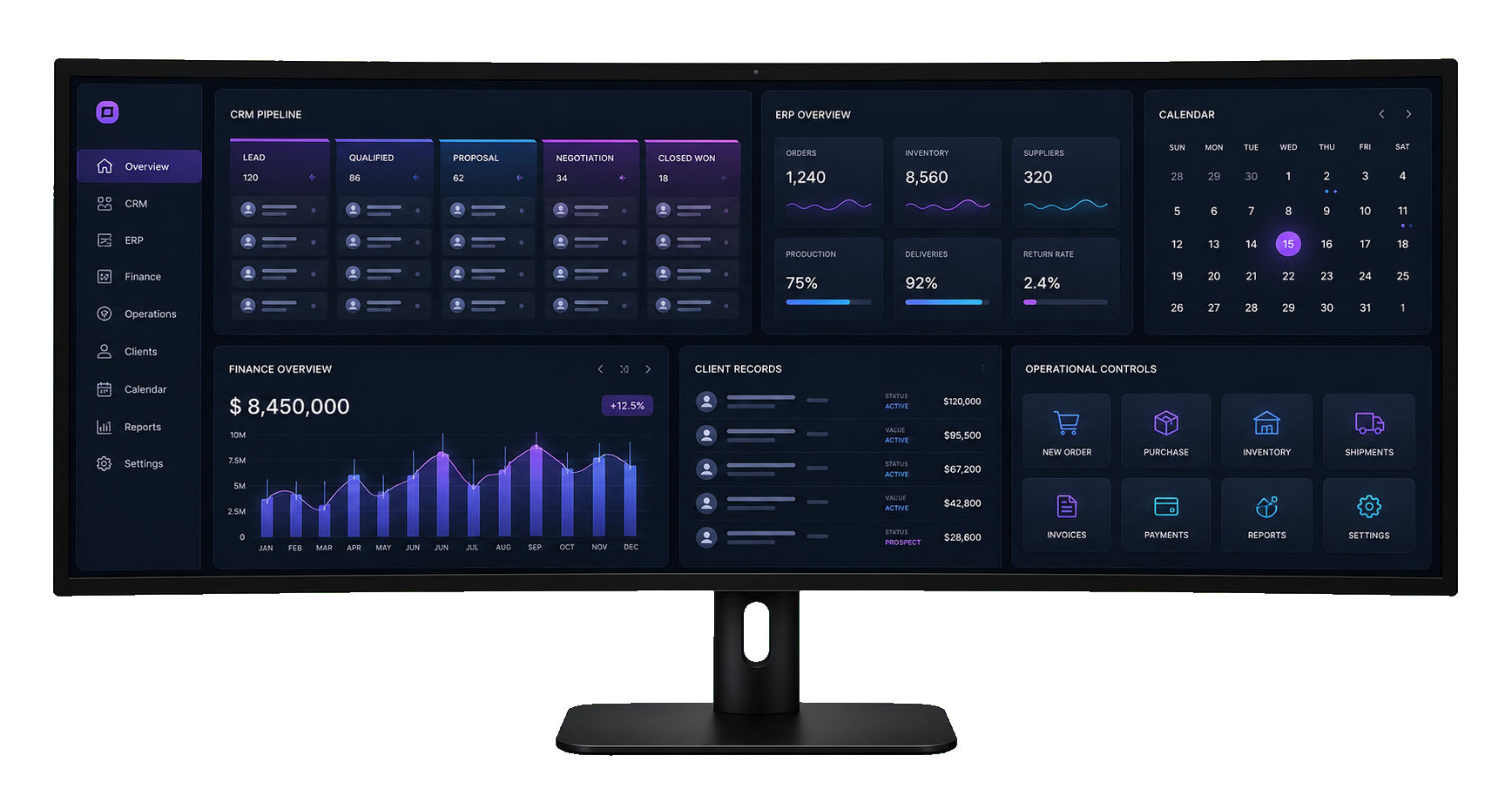 Dashboard empresarial escuro com CRM, ERP, calend&aacute;rio, gr&aacute;ficos e opera&ccedil;&otilde;es