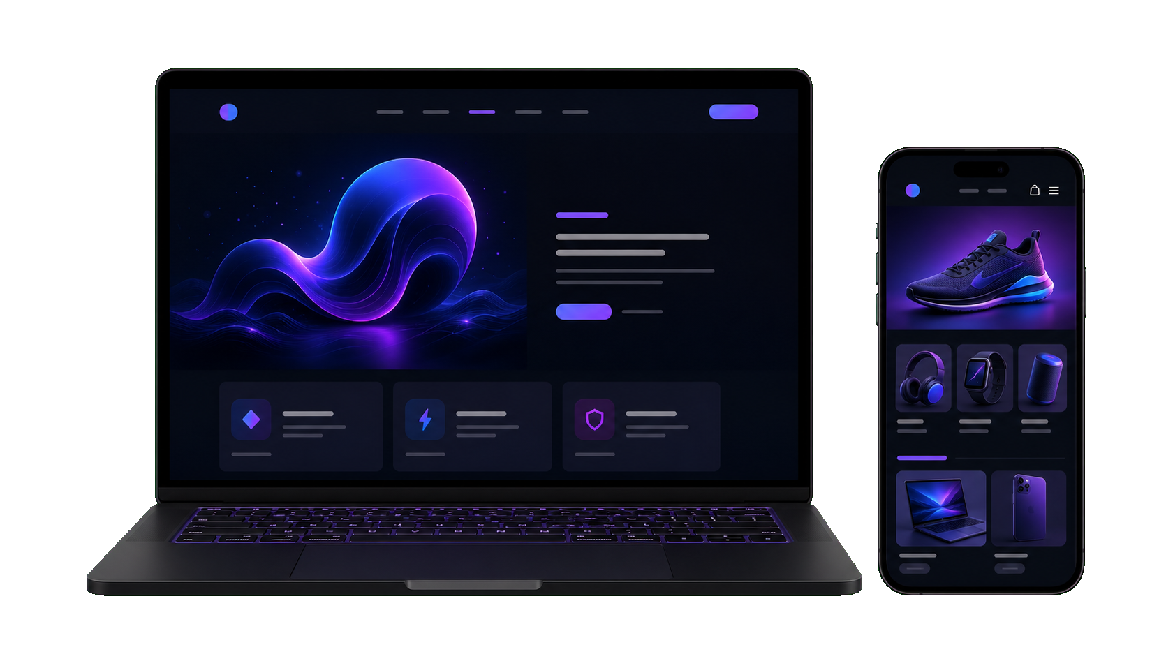 Imagem de landing page, website profissional e loja online em notebook e smartphone